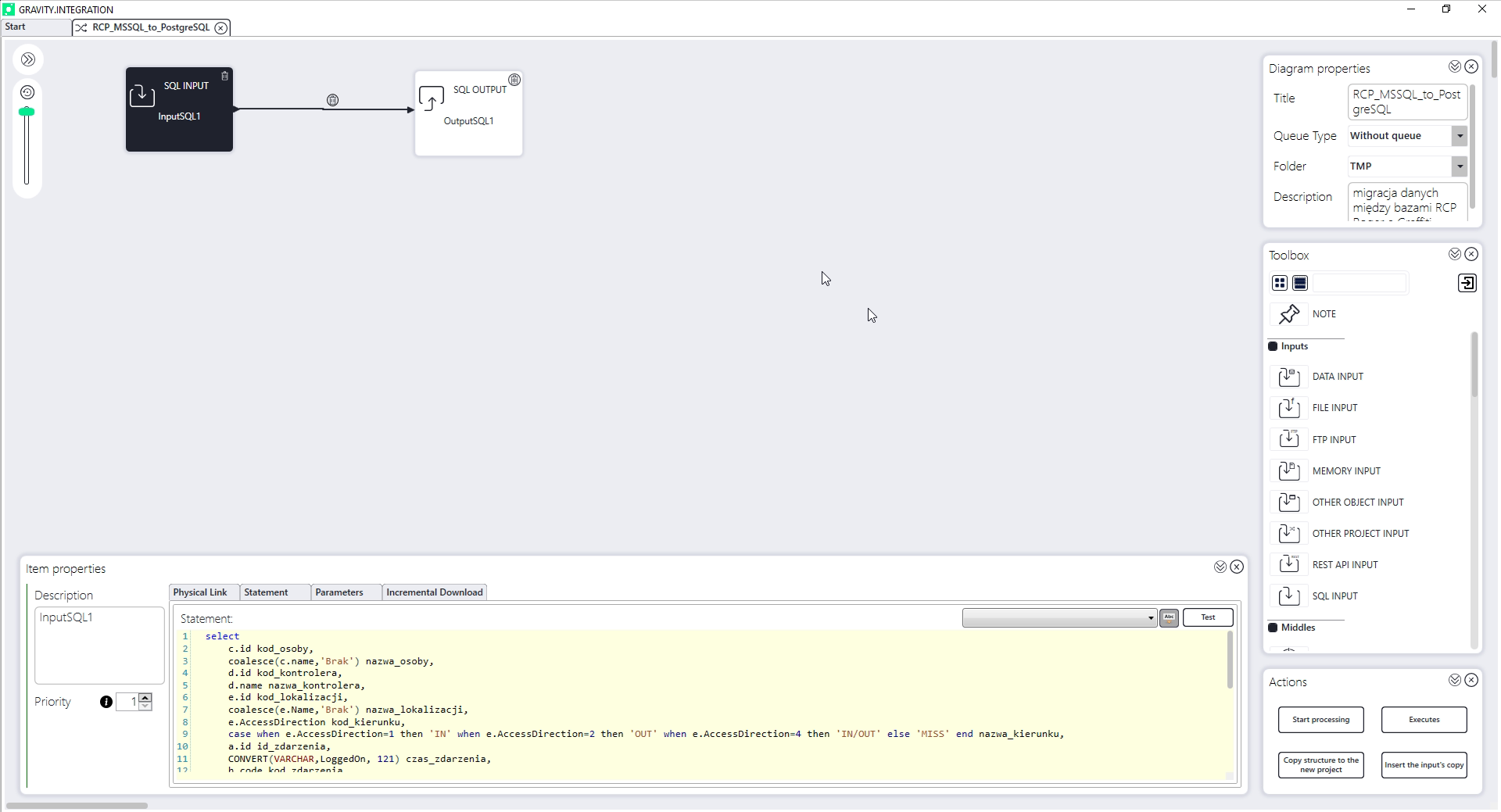 gravity.integration visual flow editor — an RCP-to-PostgreSQL integration project