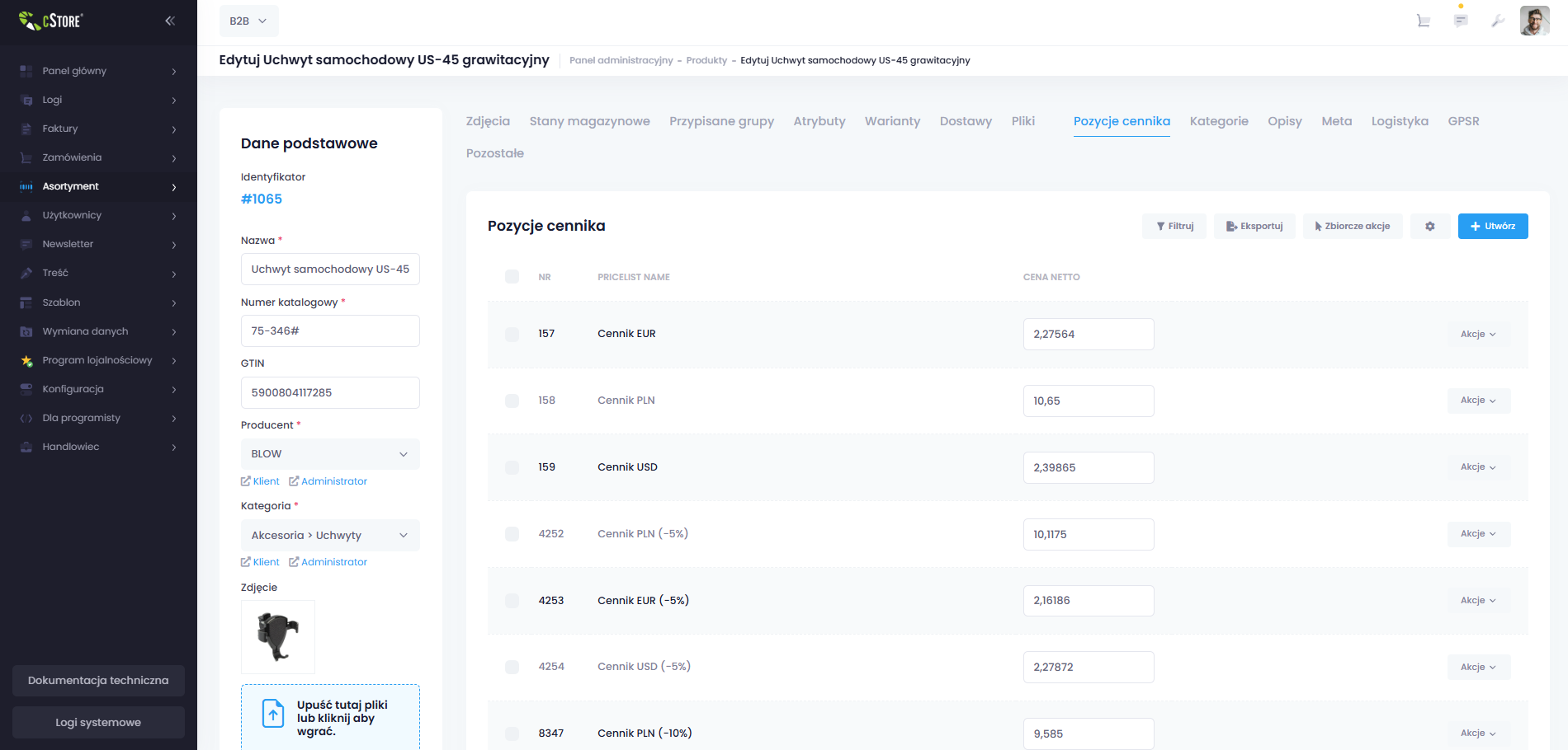 cStore — panel administracyjny: Pozycje cennika produktu (grupy cennikowe) zsynchronizowane z Graffiti.ERP przez gravity.integration